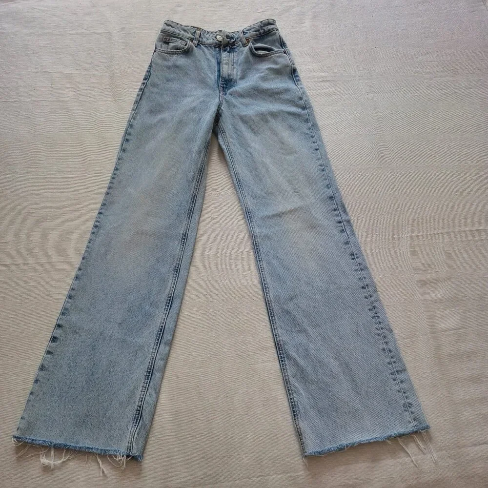 Zara full length High Rise Raw hem Frayed Blue Jeans Size Size 36,  4 US - Picture 2 of 10